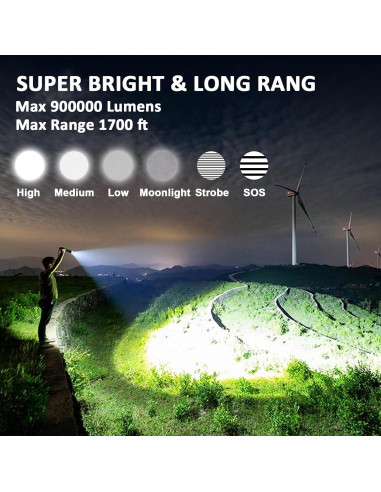 Linterna LED Táctica TUBORGO 900000 Lúmenes Recargable