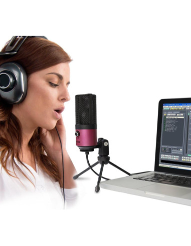 Micrófono USB FIFINE K669 Rosa y Auriculares Estudio 3.5mm