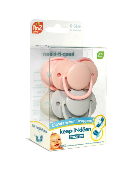 Chupete RaZbaby Keep-It-Kleen 2-Pack Silicona Libre BPA Rosa/Gris Chupete RaZbaby Keep-It-Kleen 2-Pack Silicona Libre BPA Rosa/Gris
