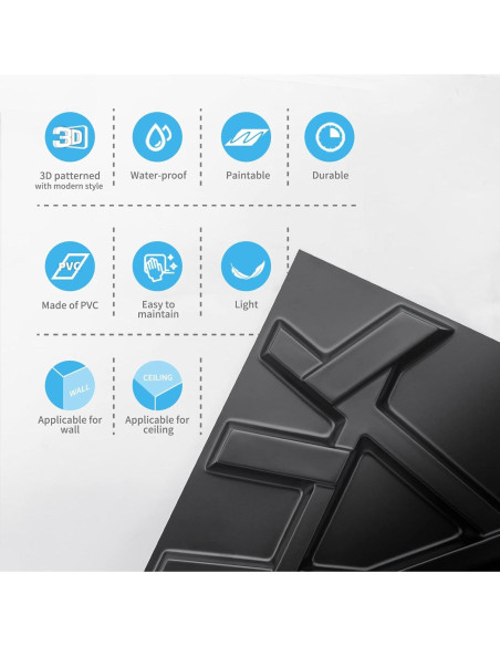 Paneles de Pared 3D Art3d PVC Negro 500x500mm Paquete 12 Paneles de Pared 3D Art3d PVC Negro 500x500mm Paquete 12