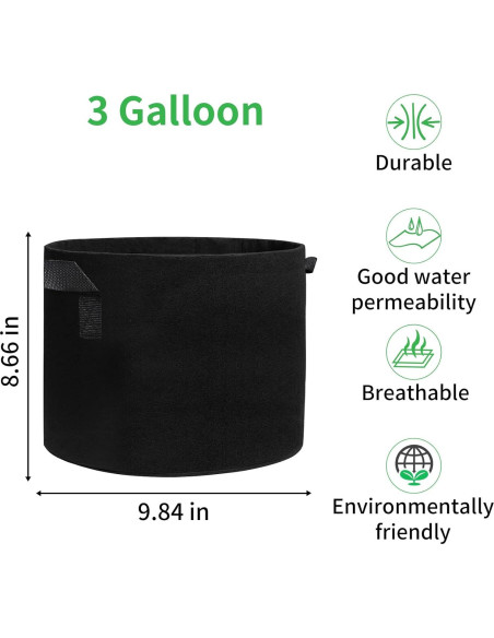 Paquete de 5 Bolsas de Cultivo JJGoo 3 Galones Tela Negra Paquete de 5 Bolsas de Cultivo JJGoo 3 Galones Tela Negra