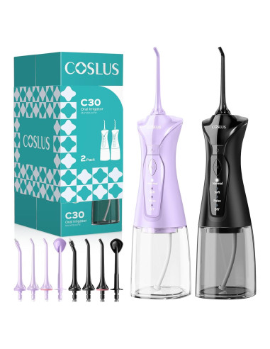 COSLUS Flosser de Agua Inalámbrico 2 Paquetes 3 Modos 8 Niveles