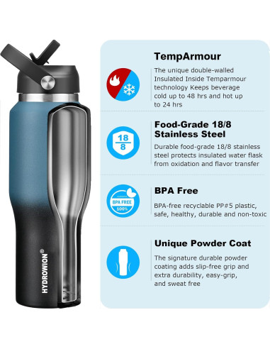 Botella de Agua HYDROWION 0.91L Aislada Doble Pared 3 Tapas
