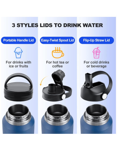 Botella de Agua HYDROWION 0.91L Aislada Doble Pared 3 Tapas