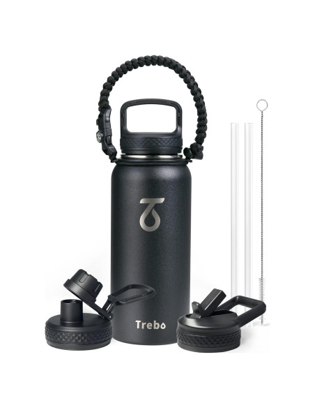 Botella de Agua Trebo 0.95L Aislada con 3 Tapas, Negra Botella de Agua Trebo 0.95L Aislada con 3 Tapas, Negra