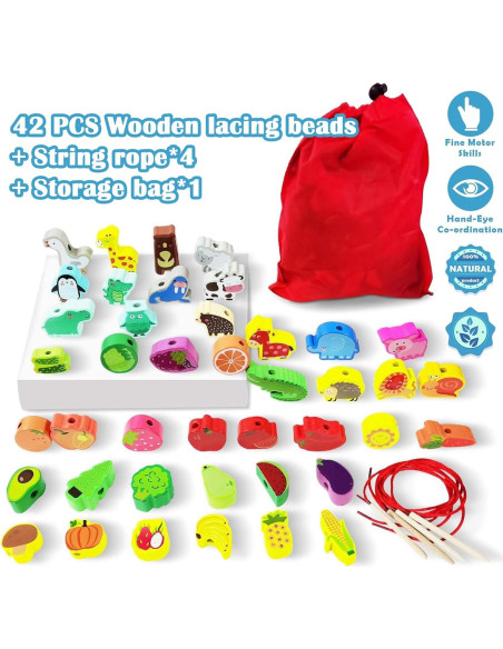 Juego de Enhebrar de Madera 46 PCS Exinddea para Niños 3-6 Años Juego de Enhebrar de Madera 46 PCS Exinddea para Niños 3-6 Años