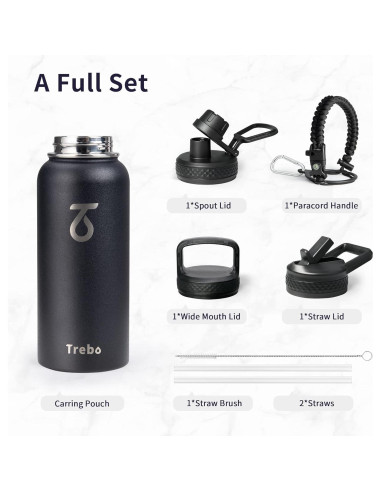 Botella de Agua Trebo 0.95L Aislada con 3 Tapas, Negra