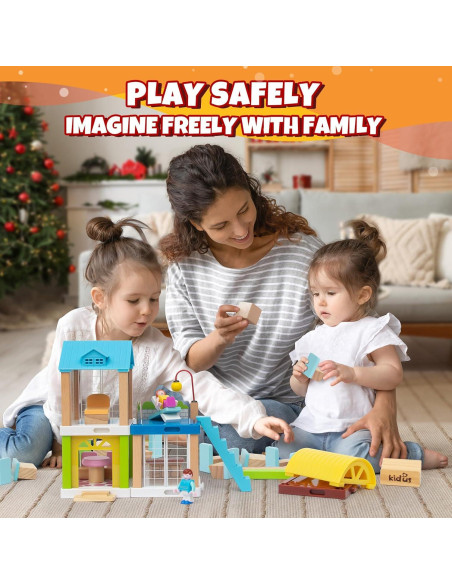 Casa de Muñecas KIDBEST de Madera 37 Piezas 3 Habitaciones Casa de Muñecas KIDBEST de Madera 37 Piezas 3 Habitaciones