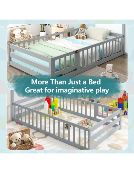 Cama Montessori de Piso DORTALA Gris con Barandilla y Casa Cama Montessori de Piso DORTALA Gris con Barandilla y Casa