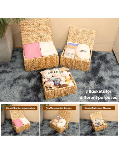Juego de 3 Cestas de Almacenamiento KOLWOVEN con Tapa Beige