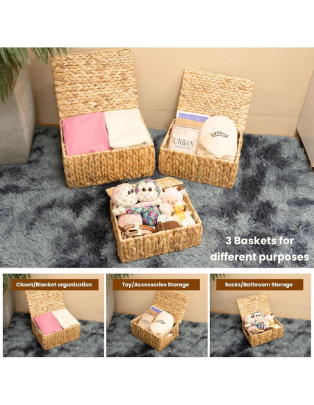 Juego de 3 Cestas de Almacenamiento KOLWOVEN con Tapa Beige Juego de 3 Cestas de Almacenamiento KOLWOVEN con Tapa Beige