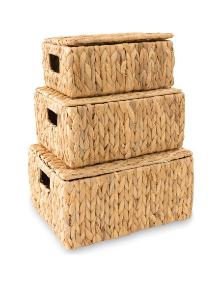 Juego de 3 Cestas de Almacenamiento KOLWOVEN con Tapa Beige Juego de 3 Cestas de Almacenamiento KOLWOVEN con Tapa Beige