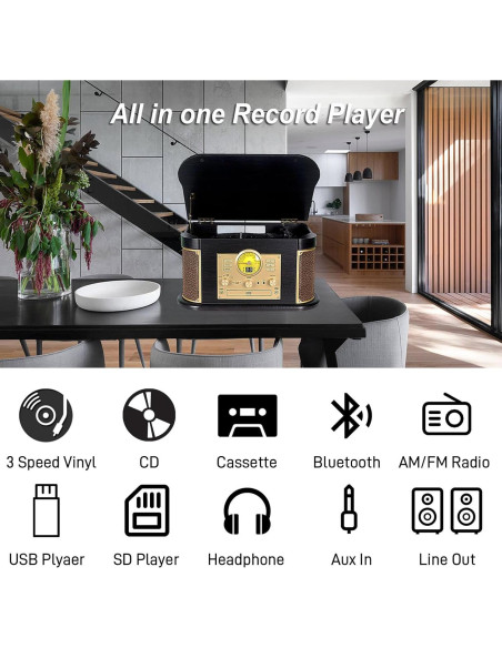 Reproductor de Vinilo DLITIME 3 Velocidades Bluetooth CD Radio Reproductor de Vinilo DLITIME 3 Velocidades Bluetooth CD Radio