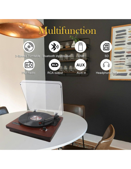 Reproductor de Vinilo DLITIME 3 Velocidades Bluetooth USB SD Reproductor de Vinilo DLITIME 3 Velocidades Bluetooth USB SD