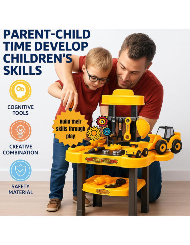 Banco de Trabajo para Niños TOMLEON con Taladro y Camiones