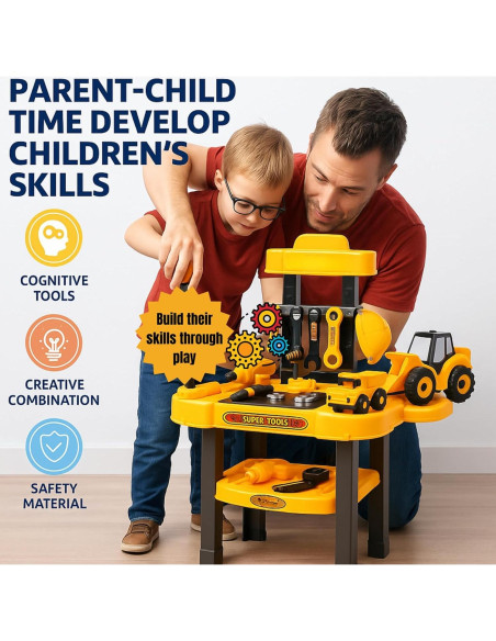 Banco de Trabajo para Niños TOMLEON con Taladro y Camiones Banco de Trabajo para Niños TOMLEON con Taladro y Camiones