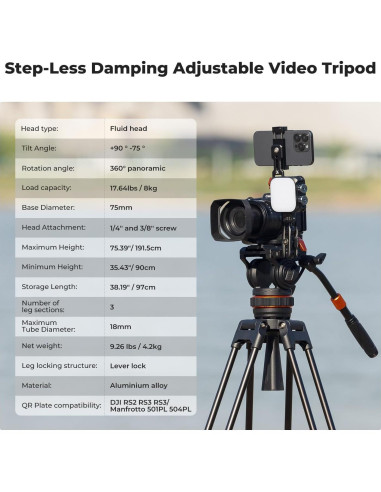 Trípode de Video K&F Concept 191cm con Cabezal Fluido 8kg