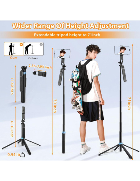 Trípode de Selfie Eocean 71" Alto con Control Remoto y Adaptador Trípode de Selfie Eocean 71" Alto con Control Remoto y Adaptador