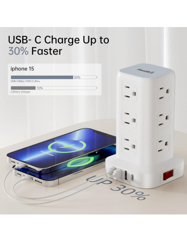 Torre de Energía SMALLRT 10FT con 12 Salidas y USB-C