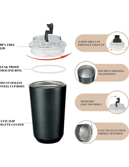 Taza Aislada Puraville 414 ml Acero Inoxidable Negra a Prueba de Fugas Taza Aislada Puraville 414 ml Acero Inoxidable Negra a Prueba de Fugas