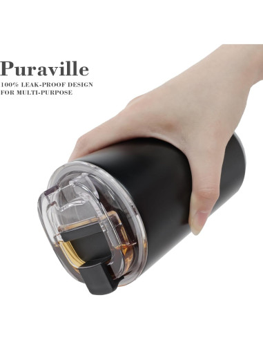 Taza Aislada Puraville 414 ml Acero Inoxidable Negra a Prueba de Fugas