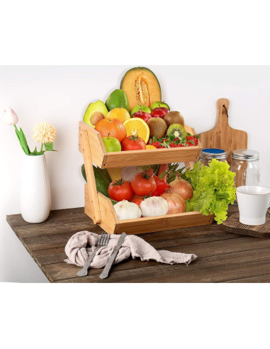 Soporte de Frutas de 2 Niveles Merysen - Cesta de Bambú para Cocina