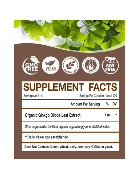 Gotas de Ginkgo Biloba Orgánico KingHealth 118 ml - Vegano Gotas de Ginkgo Biloba Orgánico KingHealth 118 ml - Vegano
