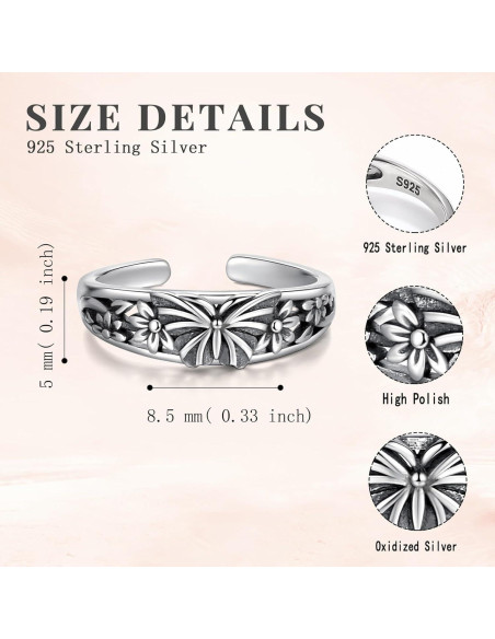 Anillo ajustable de mariposa en plata esterlina 925 para mujeres Anillo ajustable de mariposa en plata esterlina 925 para mujeres