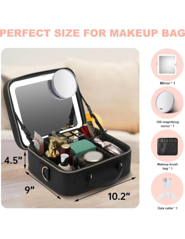 Bolsa de Maquillaje de Viaje Mocado con Espejo LED 10X Negro
