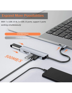 Hub USB-C 5 en 1 VIENON Aluminio con Lector de Tarjetas SD/TF 2