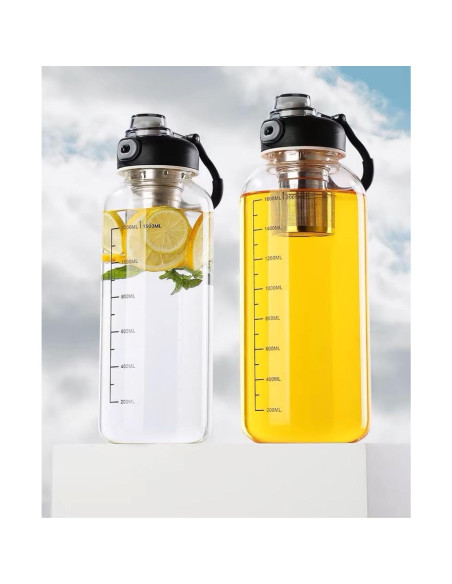 Botella de Agua de Vidrio 1500ml HOYUANSU con Infusor y Tapa Bloqueo Botella de Agua de Vidrio 1500ml HOYUANSU con Infusor y Tapa Bloqueo
