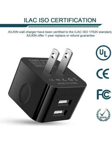 Cargador de pared USB AILKIN 2Pack 2.4A carga rápida negro