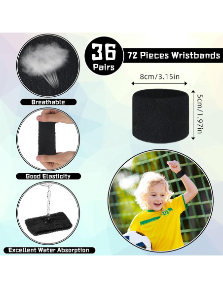 Lounsweer 72 Pulseras Deportivas Negras para Niños - Muñequera de Algodón Lounsweer 72 Pulseras Deportivas Negras para Niños - Muñequera de Algodón