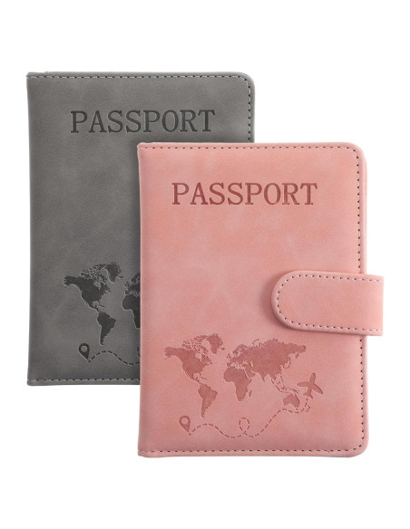2 Fundas de Pasaporte Multifuncionales AOZUO con RFID Rosa y Gris 2 Fundas de Pasaporte Multifuncionales AOZUO con RFID Rosa y Gris