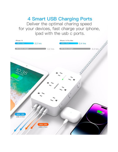 Regleta de Protección HANYCONY 12 Salidas 4 USB 1.5m Blanca