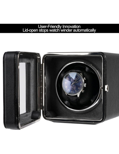 Enrollador Automático de Reloj Kalawen de Cuero Negro con Motor Silencioso
