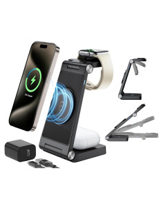 Estación de Carga Inalámbrica 3 en 1 ANNNWZZD para iPhone, Apple Watch y AirPods - Carga Rápida 18W (Negro)