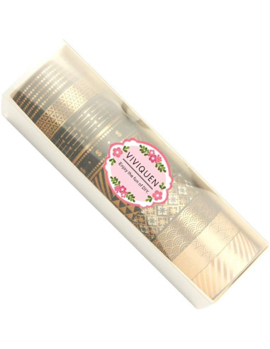 Conjunto de Cinta Washi VIVIQUEN 10 Rollos 15mm Negro y Dorado