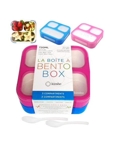 Caja Bento Mediana Kinsho 3 Compartimentos Azul y Rosa 720ml Caja Bento Mediana Kinsho 3 Compartimentos Azul y Rosa 720ml