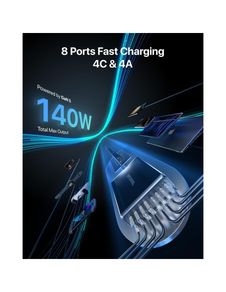 Cargador USB C Intoval K44 140W 8 Puertos Negro Cargador USB C Intoval K44 140W 8 Puertos Negro