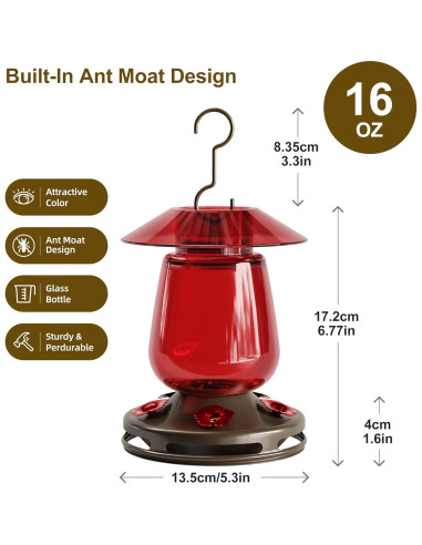 Comedero para Colibríes Auslar 0.47L Vidrio Rojo 5 Puertos
