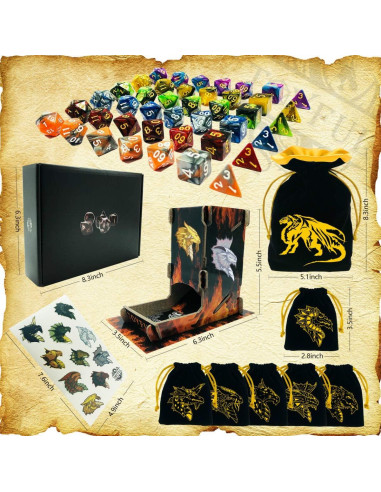 Set de Dados DND 6 Piezas Acrílico con Torre y Bolsas