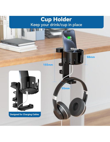 Soporte para Auriculares KDD 2 en 1 con Soporte para Tazas Negro