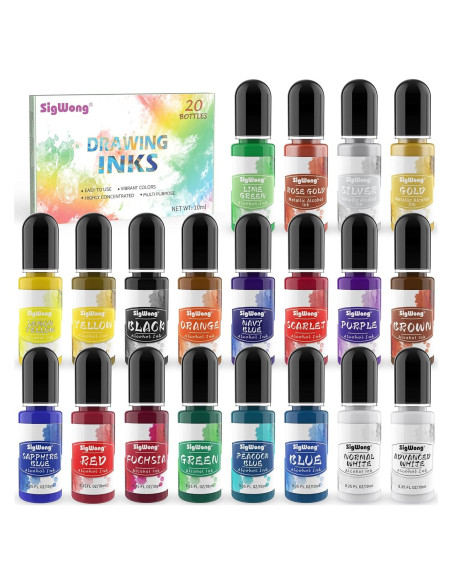 Juego de Tintas de Alcohol SigWong - 20 Colores Vibrantes 10ml Juego de Tintas de Alcohol SigWong - 20 Colores Vibrantes 10ml