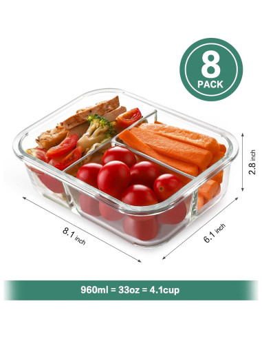 Contenedores de Vidrio HOMBERKING 8 Piezas 1060ml 3 Compartimentos