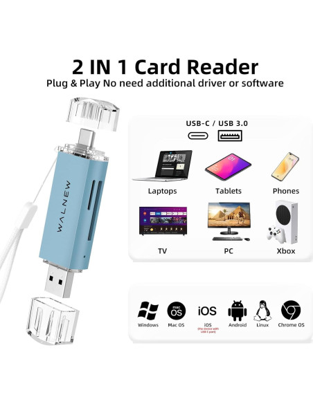 Lector de Tarjetas SD USB 3.0 y USB-C WALNEW - Soporta 2TB Lector de Tarjetas SD USB 3.0 y USB-C WALNEW - Soporta 2TB