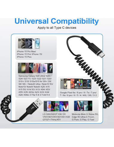 Cable USB C Enrollado VIFIGEN 0.91m Carga Rápida para iPhone y Samsung