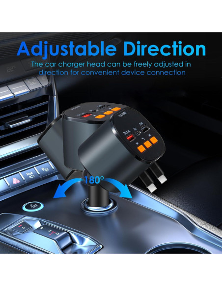 Cargador de Coche Retráctil 5 en 1 MQOUNY 90W USB-C Cargador de Coche Retráctil 5 en 1 MQOUNY 90W USB-C