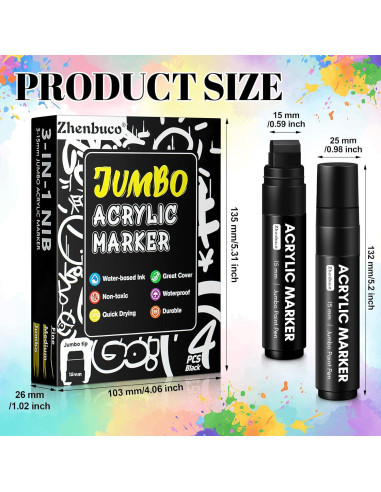 Set de 4 Marcadores Permanentes Jumbo Negros Zhenbuco 15mm