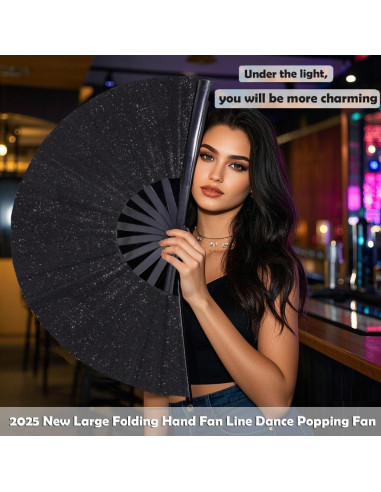 Abanico Plegable Grande 33 cm Brillo Negro para Danza y Fiesta